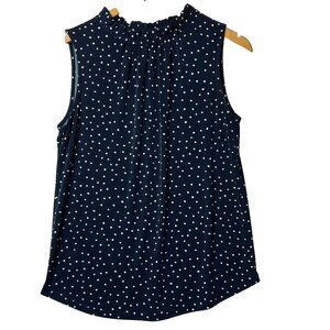 Ann Taylor Factory Navy Polka Dot Sleeveless Blouse With Ruffle Neckline - Size